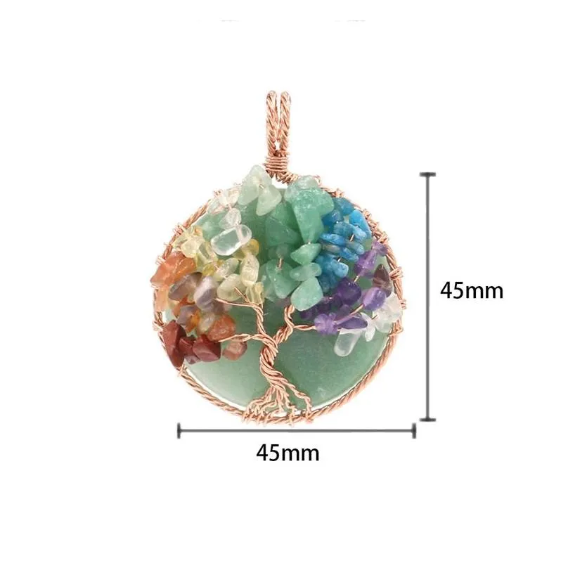 7 Chakra Healing Crystal Natural Round Gemstone Pendant Necklace Tree of Life Copper Wire Wrapped Reiki Jewelry for Women