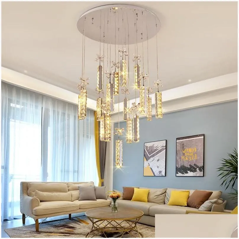Large Luxury K9 Crystal LED Chandelier Lighting Fixture Rings Dimond Pendant Hanging Indoor Lamp Stair Hall E14 Chrome Cristal