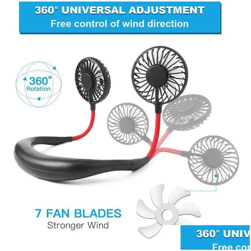 hanging neck fan usb rechargeable neckband lazy neck hands hanging dual cooling mini fan sport 360 degree rotating portable cold fan in retail flat