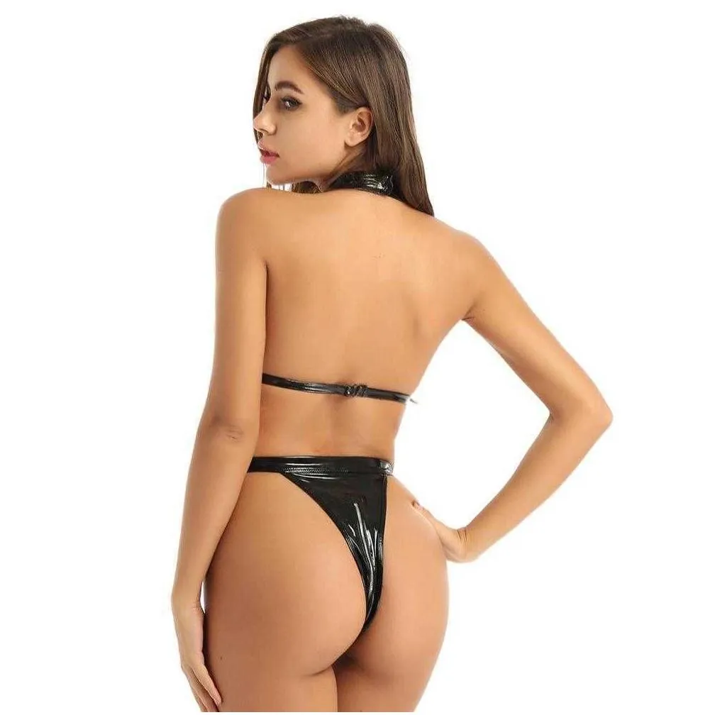 Hot Wet Look Exotic Teddies Leather Lingerie Nipples Cups Sexy Langeries Zippered Crotch High Cut Bodysuit Catsuit For Clubwear