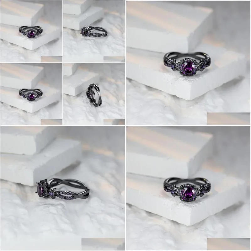 wedding rings purple round zircon engagement ring classic black gold color female cute small star flower for women jewelry