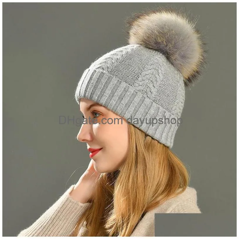 beanies beanie/skull caps winter real raccoon fur pom hat women ladies wool knitted cap with big fluffy pompom cashmere angora beanie