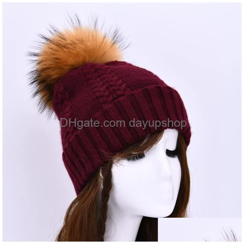 beanies beanie/skull caps winter real raccoon fur pom hat women ladies wool knitted cap with big fluffy pompom cashmere angora beanie