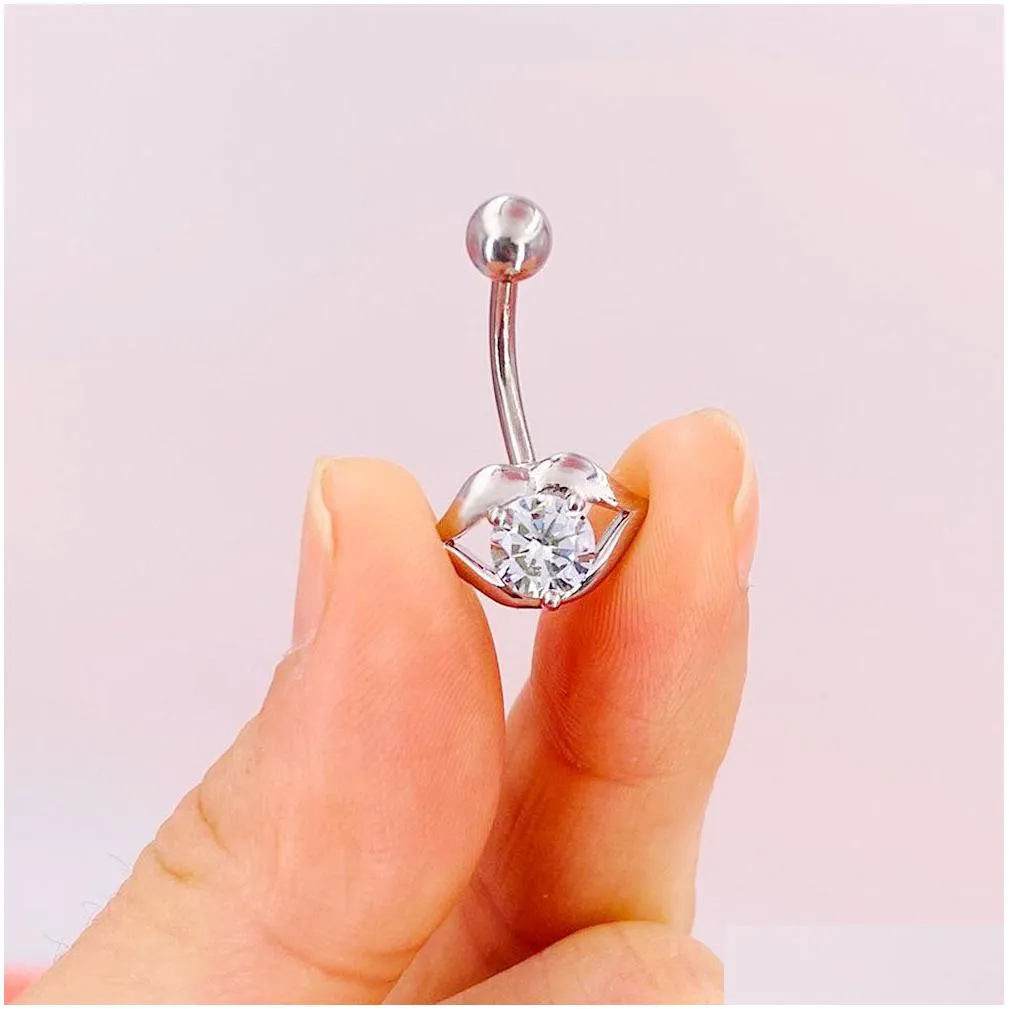 1pc stainless steel navel piercings body jewelry fashion lip-shaped zircon belly button ring bar sexy crystal navel earrings