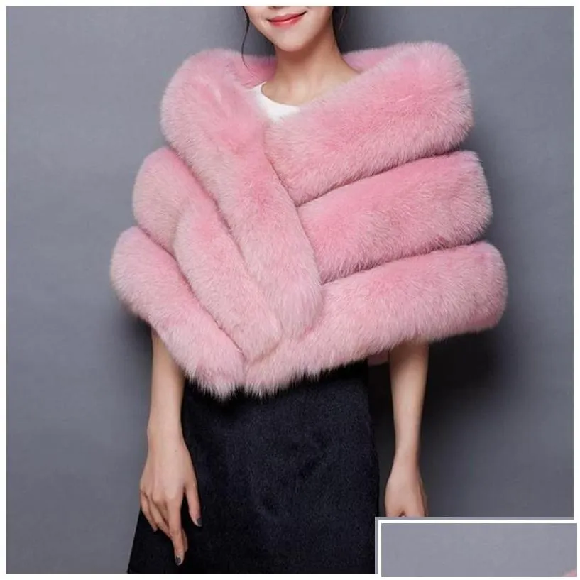 Scarves Winter Women Faux Fur Long Shawl Stole Wrap Shrug Scarf Bridal Wedding Elegant Pashmina Warm Female Waistcoat Cloak Coat Dro