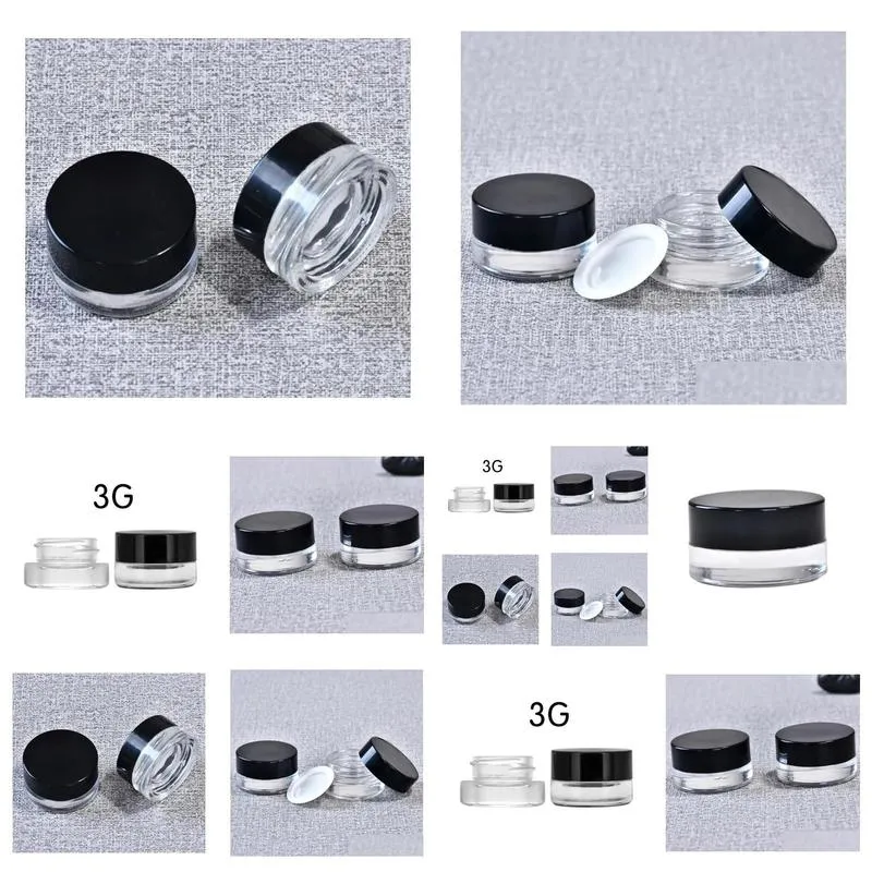 wholesale 100pcs food grade non-stick 3ml 5ml glass jar tempered glass container wax dab jar dry herb container with black lid