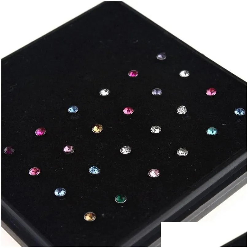 24pcs mix styles rhinestone studs nose piercing thin long plug tunnels puncture body jewelry accessories