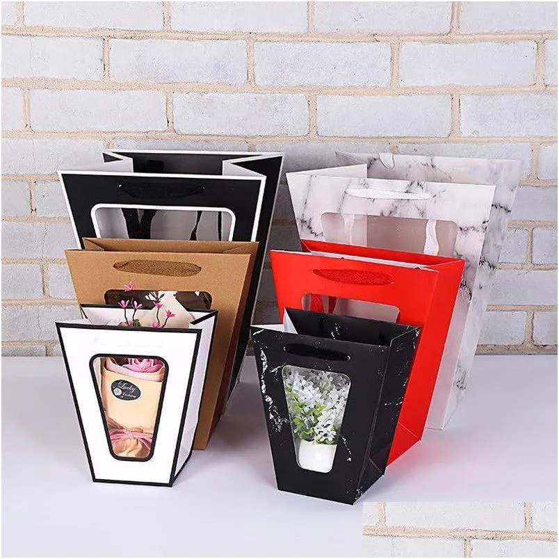 50pcs portable trapezoid flower gifts paper bag handheld transparent window gift package containers for wedding party