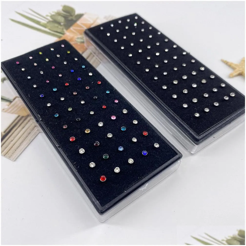 60 pcs boxed l-shape nose stud set with crystal body piercing gun kit fake nose ring stainless-steel needle hoop pack jewelry