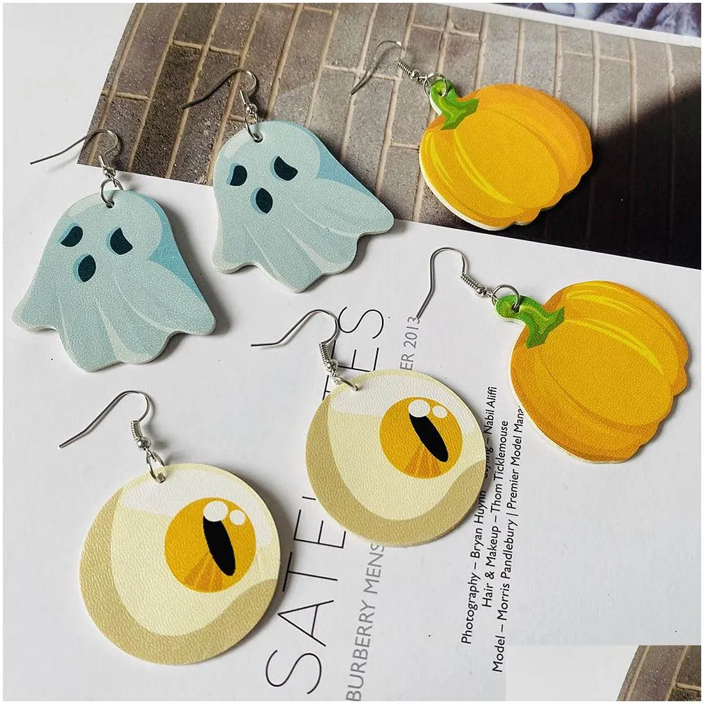 wholesale pu artificial leather double-sided printing dangle earrings halloween exclusive gift for women