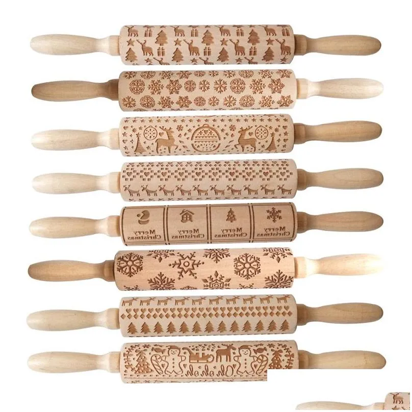 8 designs embossing christmas rolling pin wooden christmas engraved carved embossing rolling pin dough stick baking kitchen pastry