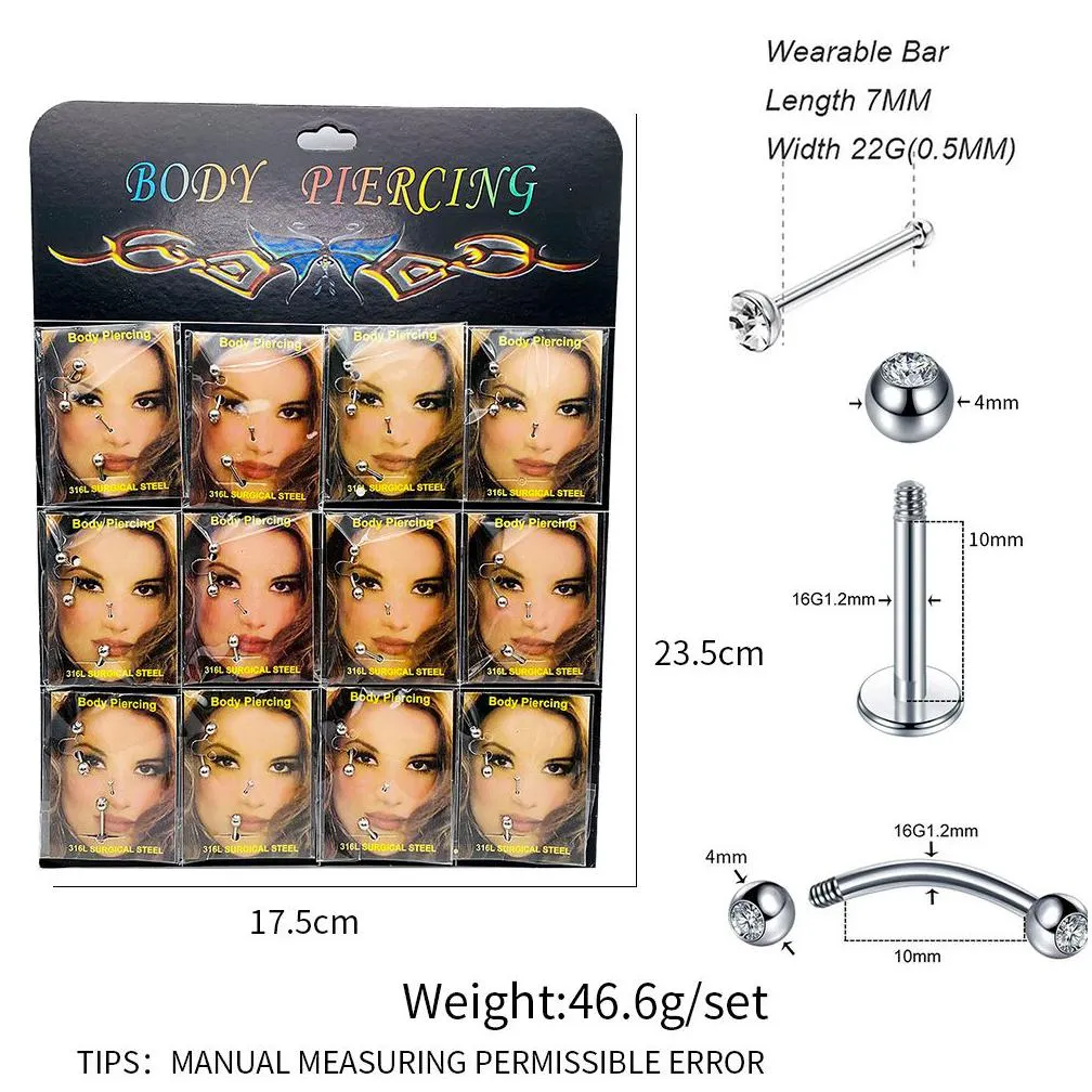 12 packs/lot stainless steel eyebrow nails crystal nose ring labret lip piercing jewelry set women girl new gift