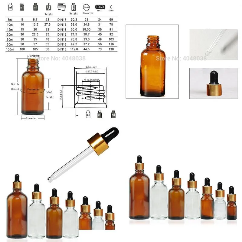 wholesale dropper bottle empty glass refillable cosmetic container 2 colors black nipple gold cover perfume vials essential oil