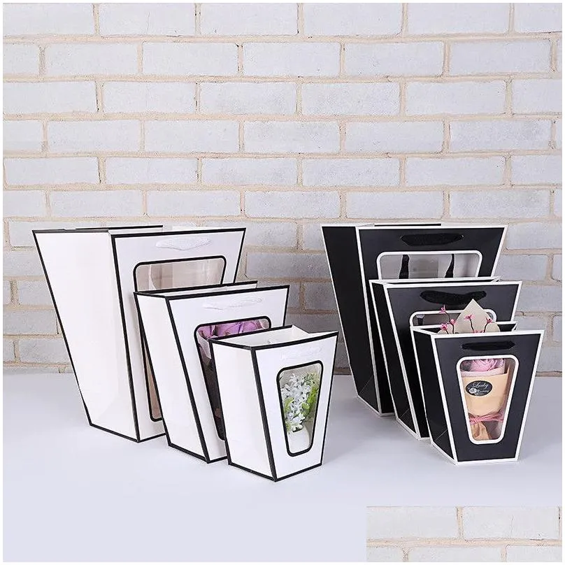 50pcs portable trapezoid flower gifts paper bag handheld transparent window gift package containers for wedding party