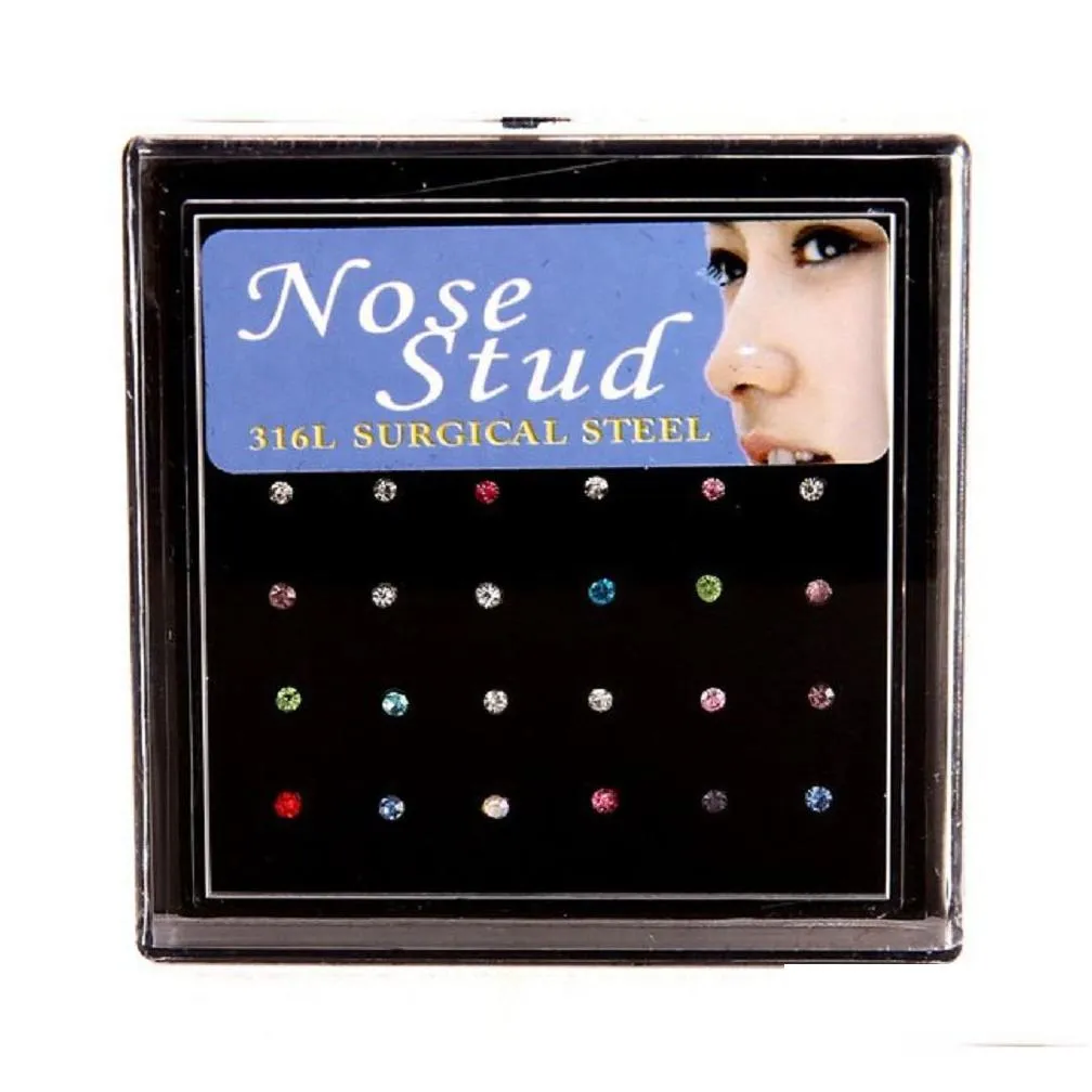 24pcs mix styles rhinestone studs nose piercing thin long plug tunnels puncture body jewelry accessories