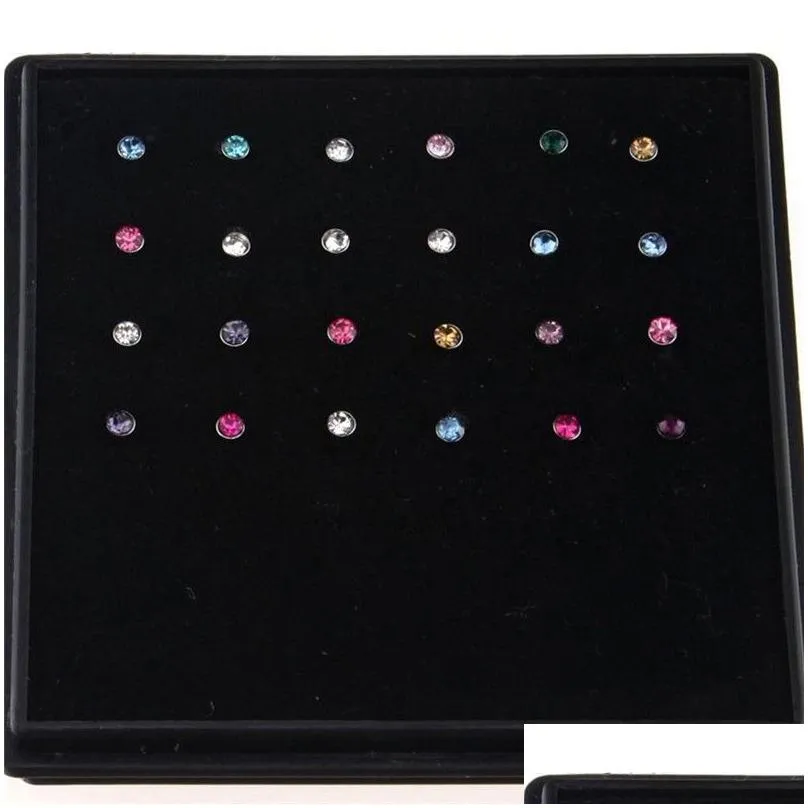 24pcs mix styles rhinestone studs nose piercing thin long plug tunnels puncture body jewelry accessories