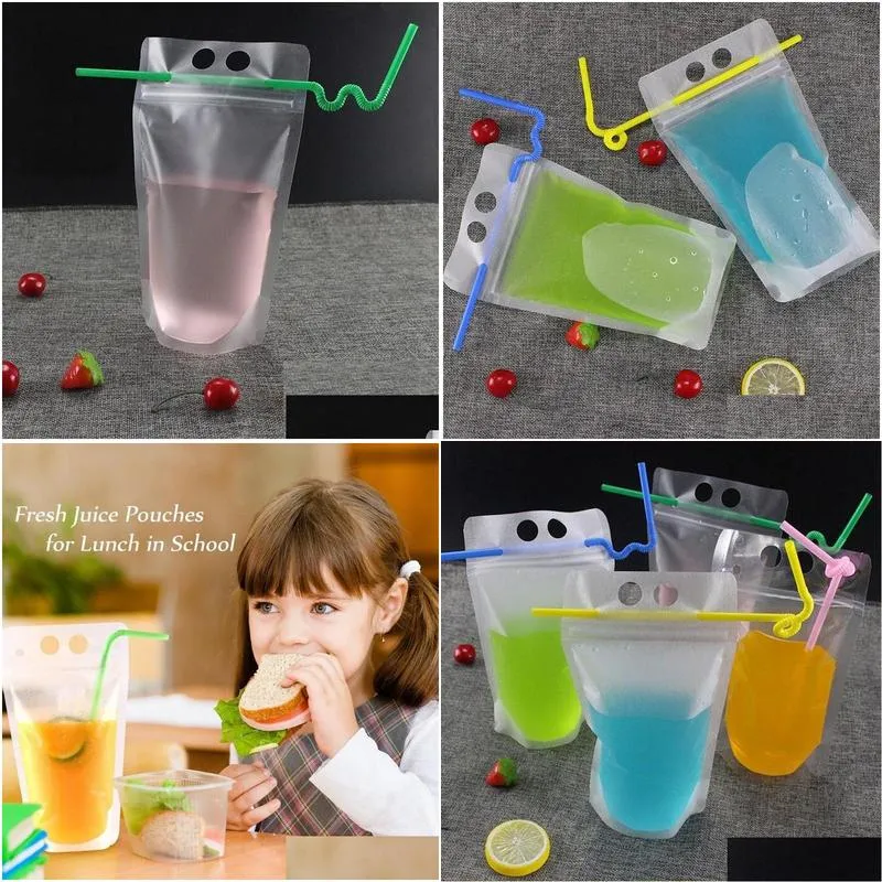 17oz 500ml clear drink pouches bags frosted zipper stand-up plastic drinking bag with straw with holder reclosable heat-proof