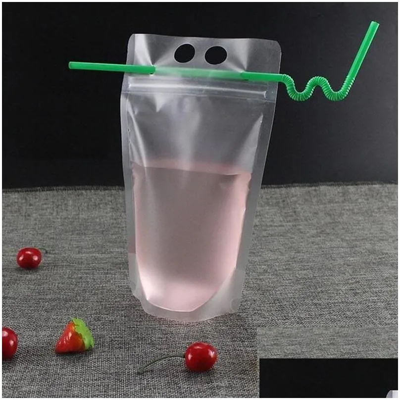 17oz 500ml clear drink pouches bags frosted zipper stand-up plastic drinking bag with straw with holder reclosable heat-proof