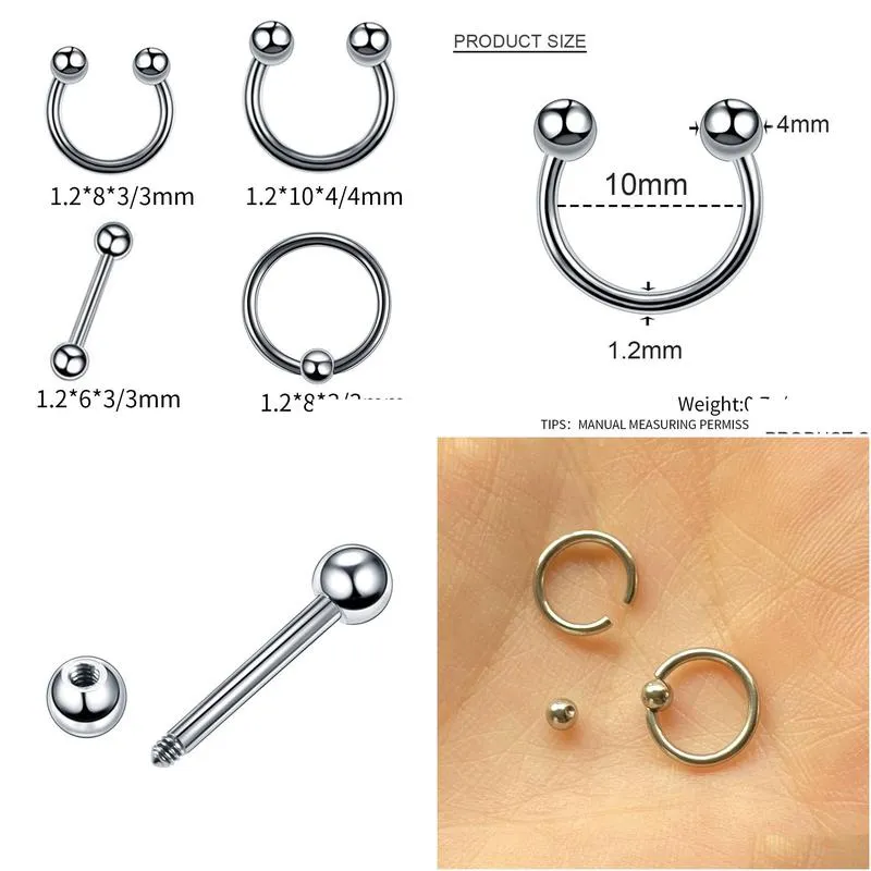 4pcs/lot stainless steel nose rings stude industrial barbell ear bone nails lip body clip hoop women septum piercing jewelry