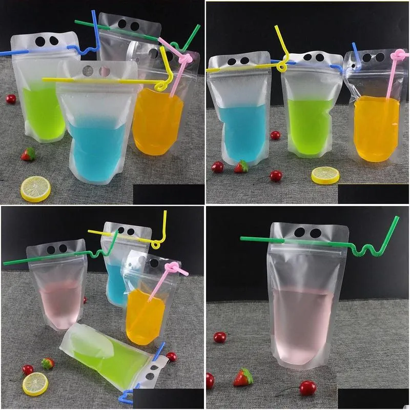 17oz 500ml clear drink pouches bags frosted zipper stand-up plastic drinking bag with straw with holder reclosable heat-proof