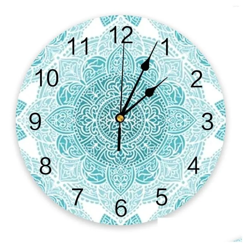 wall clocks turquoise and white mandala clock large modern kitchen dinning round bedroom silent hanging watch