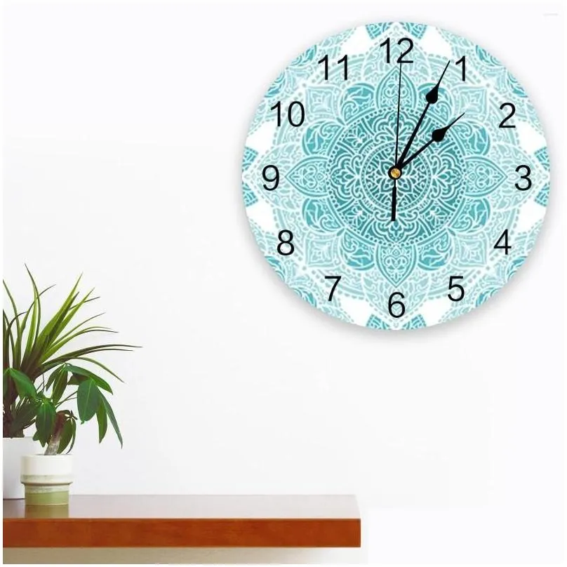 wall clocks turquoise and white mandala clock large modern kitchen dinning round bedroom silent hanging watch