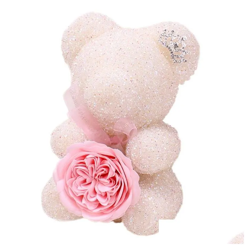 Decorative Flowers & Wreaths Decorative Flowers Wreaths Crystal Diamond Rose Bear With Emated Soap Flower And Crown Birthday Wedding P Dh5Vv