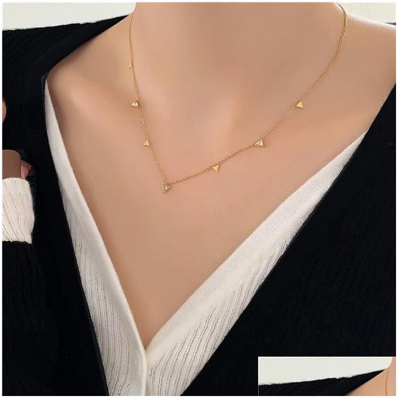 Pendant Necklaces 2023 Dainty Water Drop Triangle Rectangle CZ Zircon Charm Choker Necklace For Women Stainless Steel Gold Plated