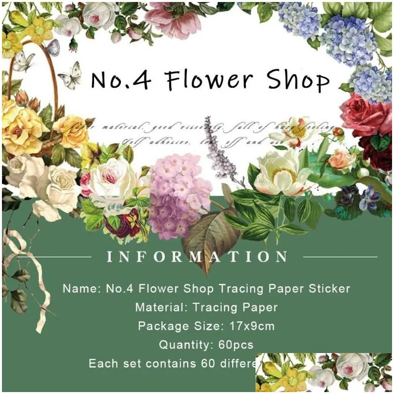 gift wrap 60pcs/pack sticker 6 designs tracing paper no4 flower shop series handbook diary diy material decorative stickers