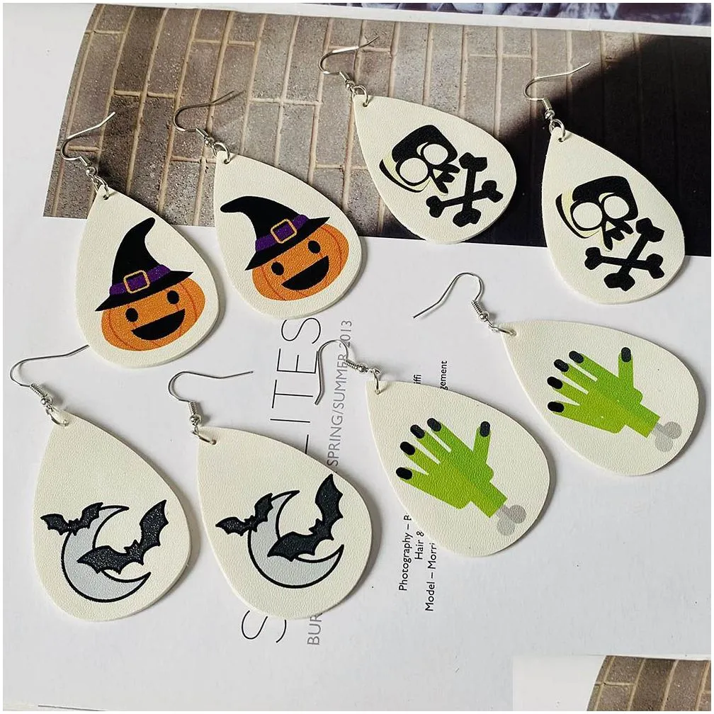 wholesale pu artificial leather double-sided printing dangle earrings halloween exclusive gift for women