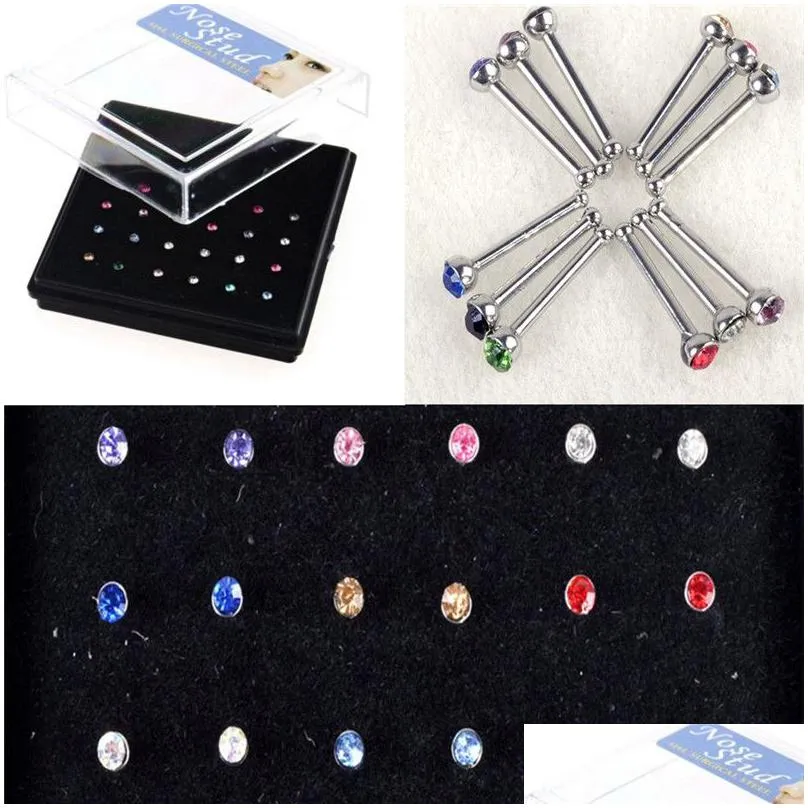 24pcs mix styles rhinestone studs nose piercing thin long plug tunnels puncture body jewelry accessories