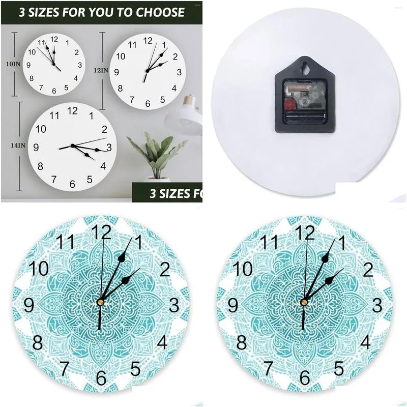 wall clocks turquoise and white mandala clock large modern kitchen dinning round bedroom silent hanging watch