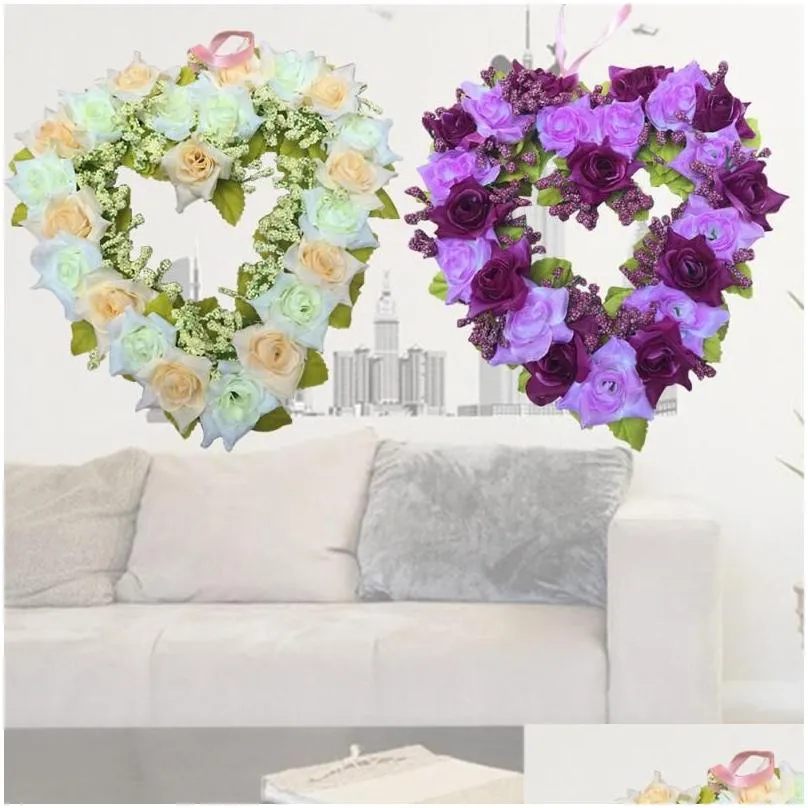 22cm heart-shape artificial wreath wedding party hanging artificial flower wreath bar home decor heart shape garden ornament1