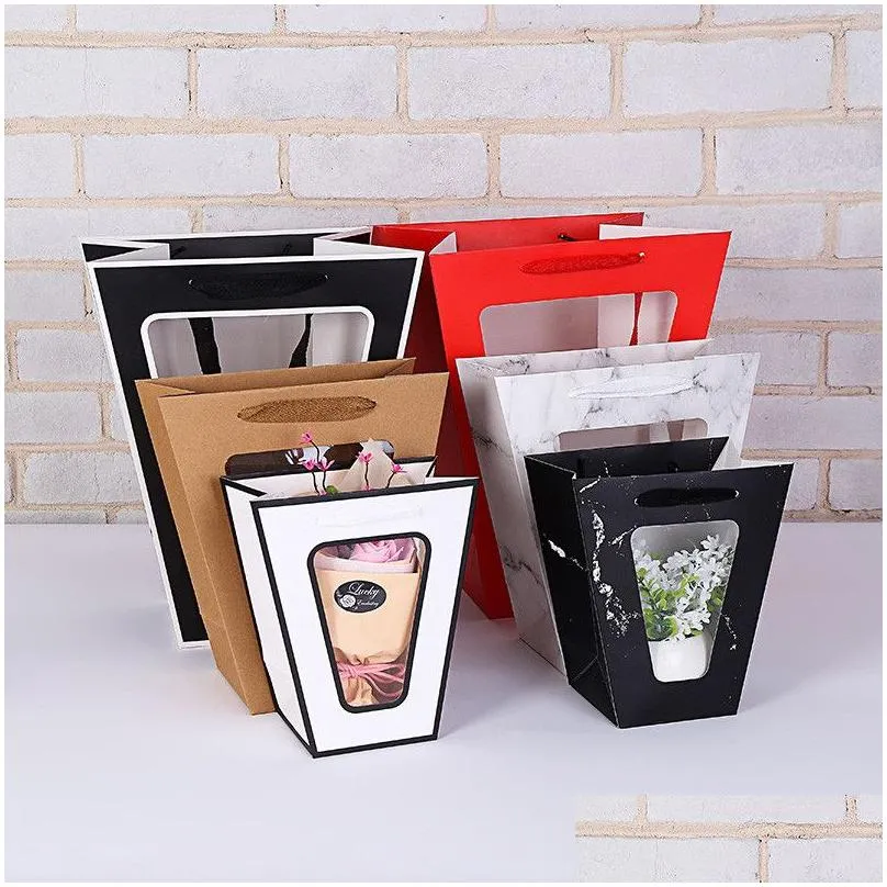 50pcs portable trapezoid flower gifts paper bag handheld transparent window gift package containers for wedding party