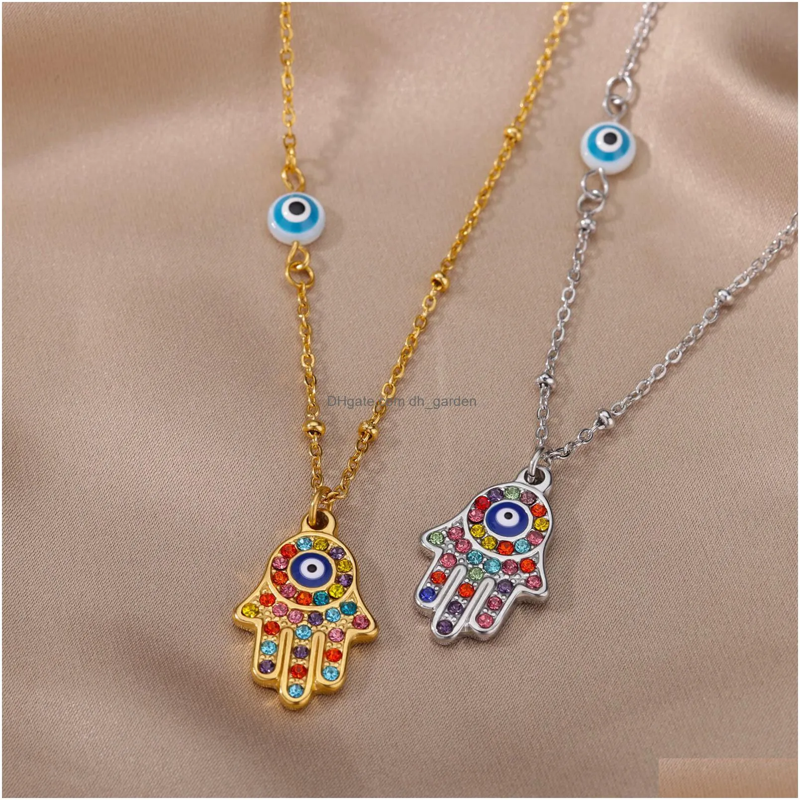 zircon blue evil eye pendant necklace turkish eye fatima hand chain choker collar palm necklaces for women jewelry