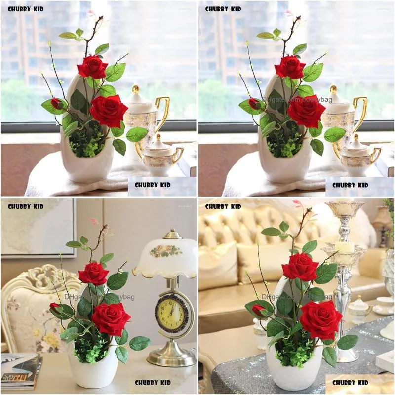 decorative flowers nice ! hi-q red rose bonsai artificial flower arrangements set flores artificiais arranjos ikebana in ceramic pots