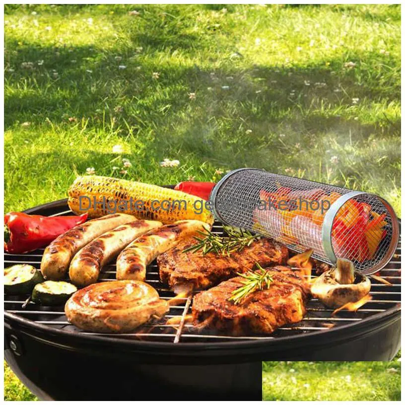 stainless steel barbecue cooking grill grate outdoor camping bbq drum grilling basket campfire grid picnic cookware for kitchen