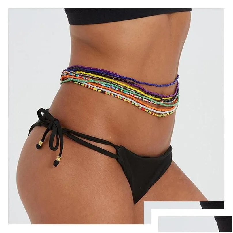 Belly Chains Boho Style Beads Waist Chain Elastic Colorf Beaded Bikini Belly Chains Summer  Jewelry For Women Girls Wholes