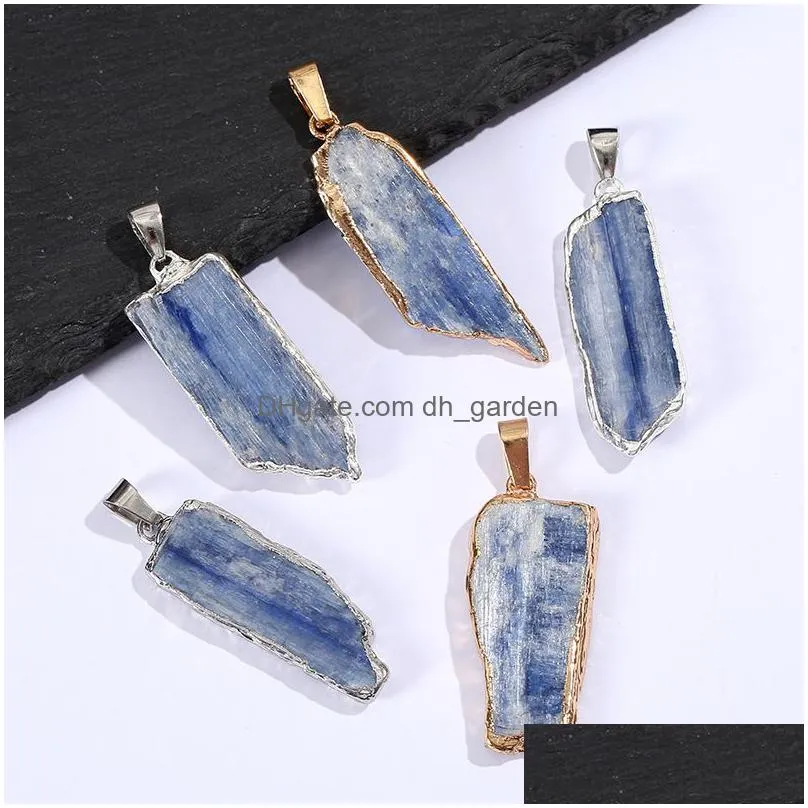 gold plated blue crystal pillar pendant irregular raw stone tag charms for necklace earrings jewelry making accessory