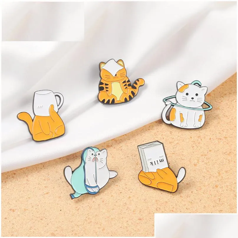 cartoon cat enamel pin brooch funny animal cup paper bag orange white kitten badge lapel clothes hat backpack jewelry gift kids custom