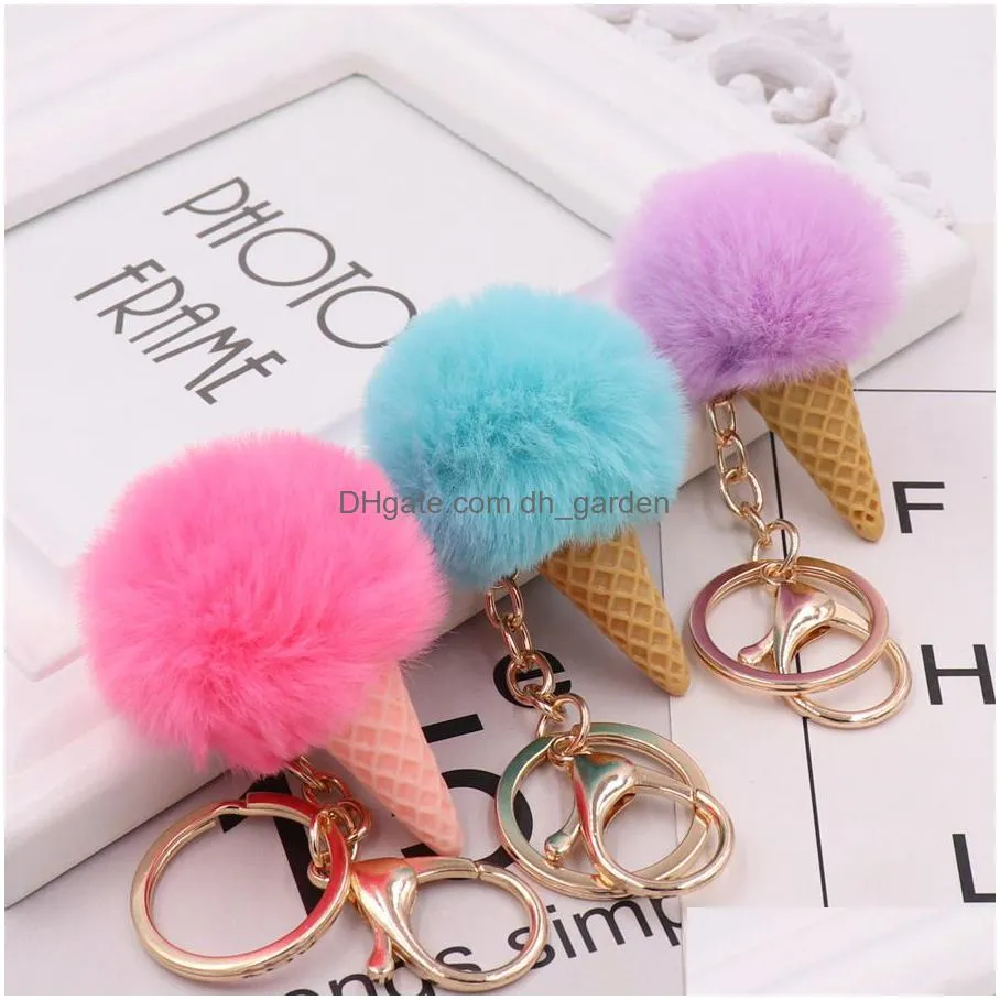 5cm faux fur ice cream pendant keychain cute cartoon keychain plush furry bags hang cone car key chain keyring creative gift