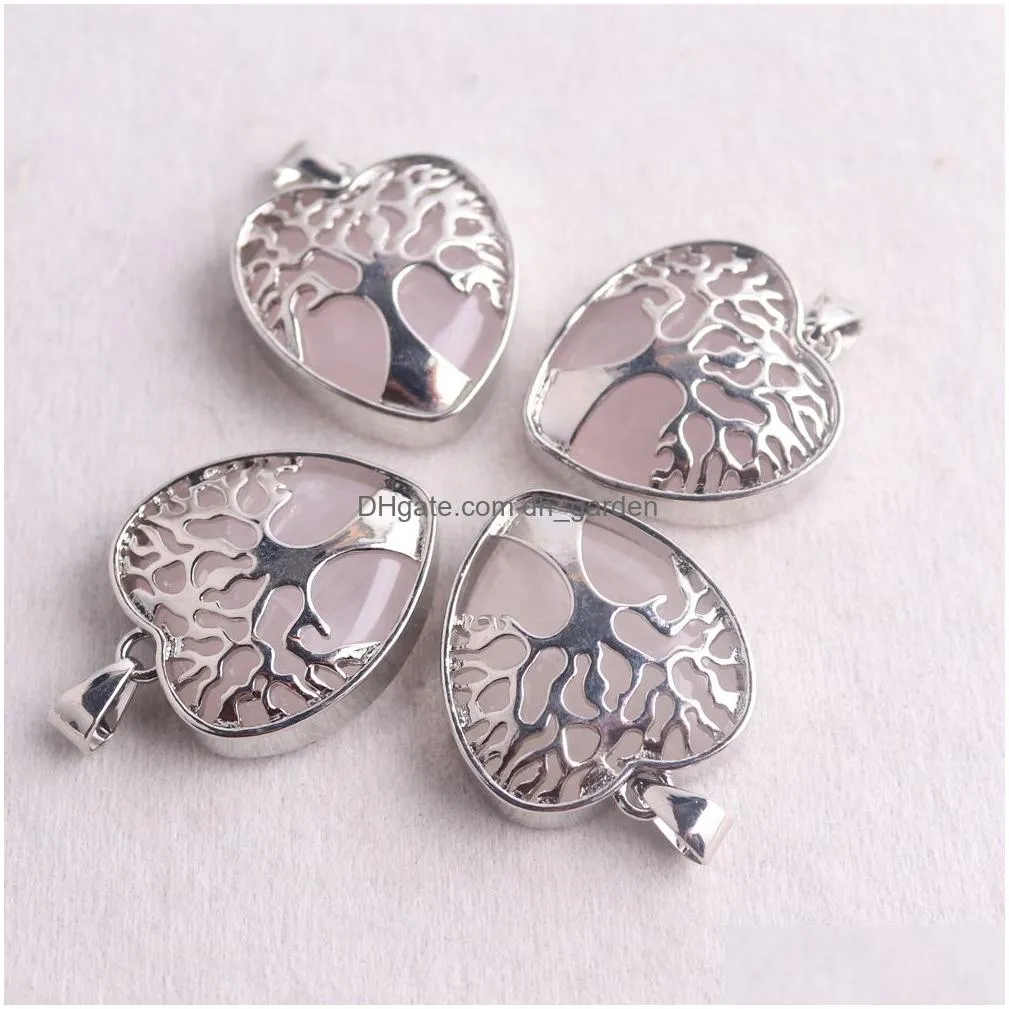 30x25mm tree of life alloy natural stone heart pendant energy rose quartz opal for girls women gift necklace jewelry making wholesale