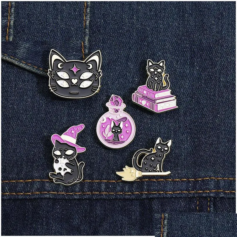 black cat enamel pin witch hat punk goth crystal medicine friends wholesale bottle book jewelry accessories lapel gift halloween