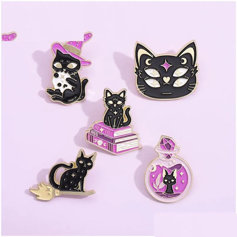 black cat enamel pin witch hat punk goth crystal medicine friends wholesale bottle book jewelry accessories lapel gift halloween