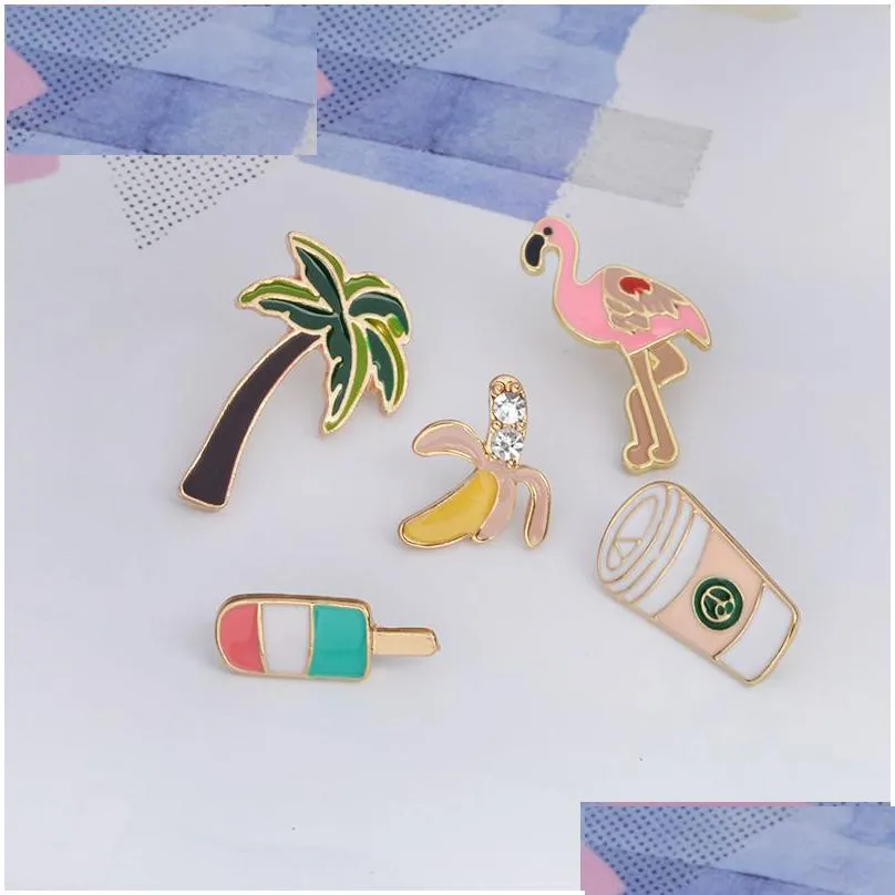 flamingo palm tree banana ice cream coffee pins brooch sets badge women fashion cute pin jewelry wholesale