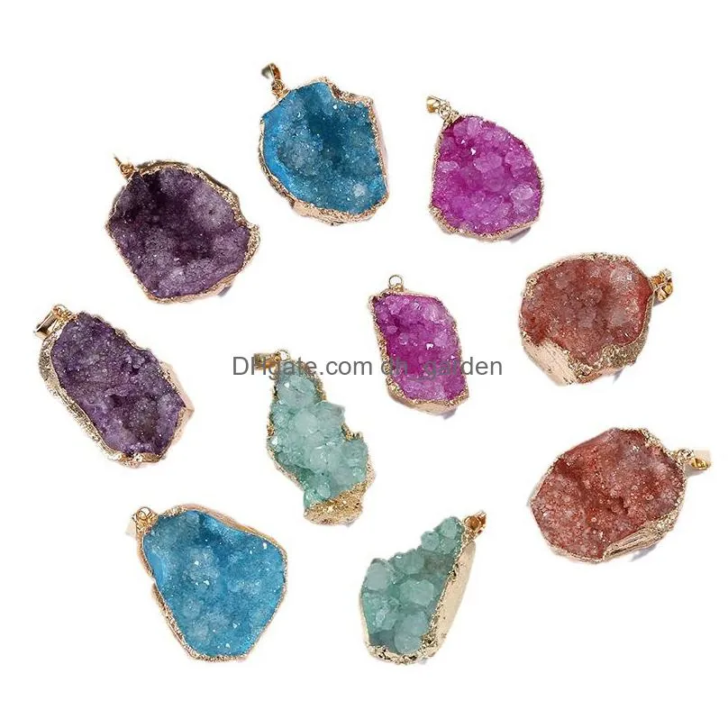 gold covered edge natural druzy pendant irregular crystal raw stone charms for necklace earrings jewelry making accessory