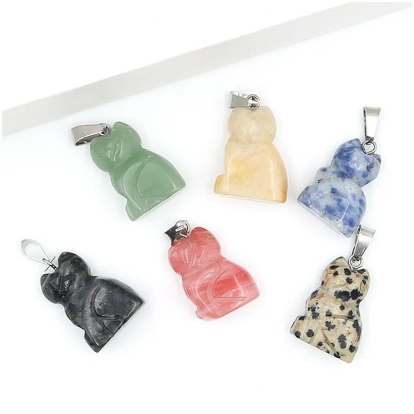 natural stone little carved cat pendants fashion animal charms for jewelry making necklace earrings fengshui