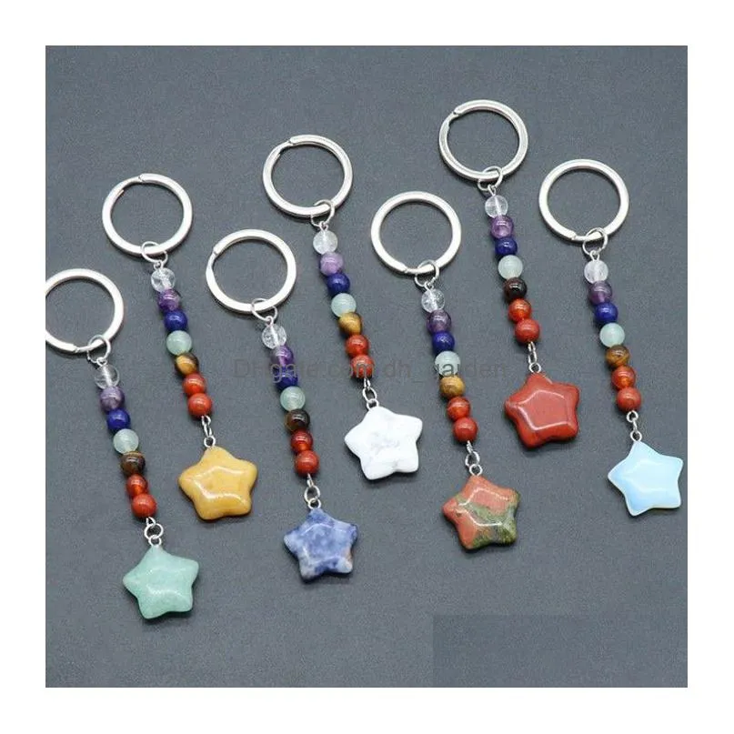 star statue key rings 7 chakra beads chains stone carved charms keychains healing crystal keyrings for women men christmas gift