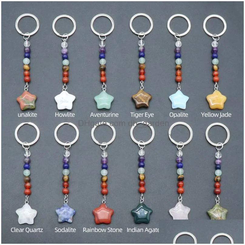 star statue key rings 7 chakra beads chains stone carved charms keychains healing crystal keyrings for women men christmas gift