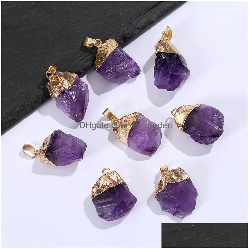 gold plated natural druzy amethyst pendant irregular crystal raw stone charms for necklace earrings jewelry making accessory